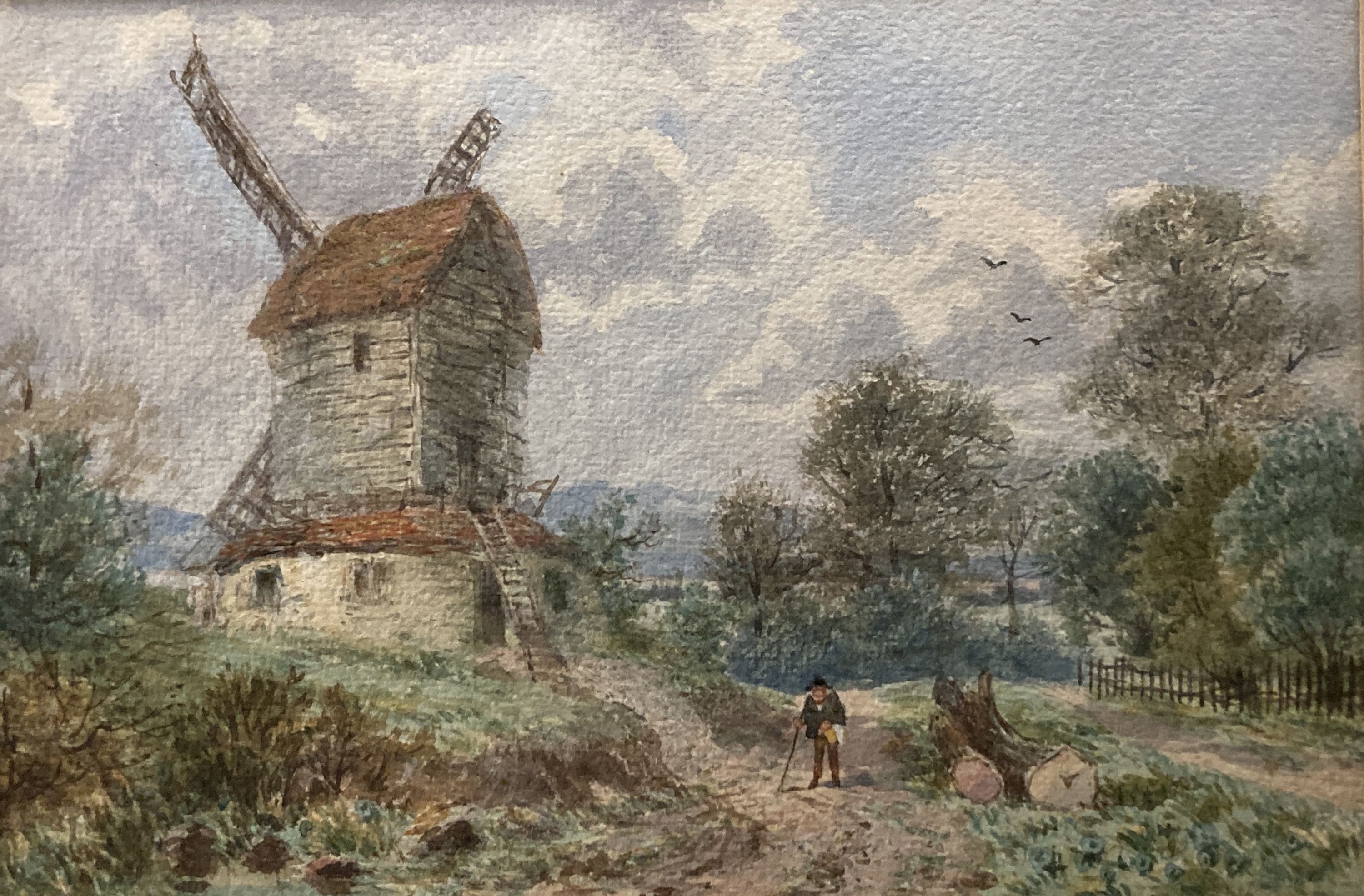 Late 19th century English School, watercolour, Traveller passing a windmill, 16.5 x 24cm